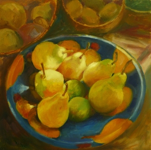 Sunlit pears in pear bowl