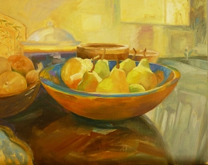 Pears in sunlight    Oil on canvas board