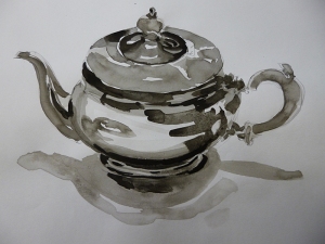 Silver teapot   pen, brush and ink