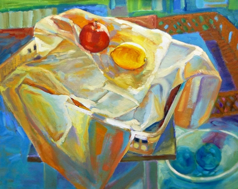 Apple and lemon, oil on canvas board, many versions later