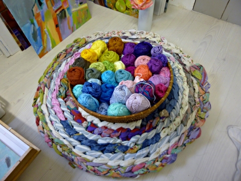 Close up of cotton yarns and rag rug