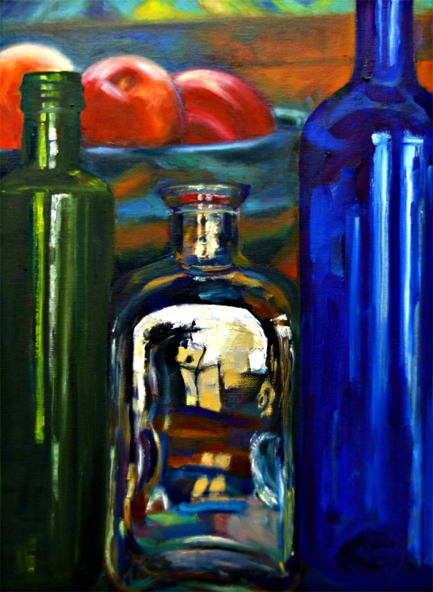 Bottles and stillife, oil on canvas board