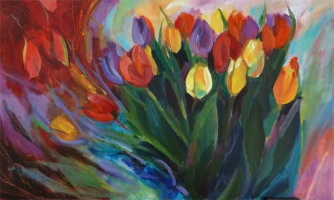 Tulips in blue paper acrylic on canvas board